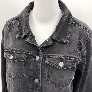 Crave Fame by Almost Famous Size M Distressed and Studded Black Denim Jacket